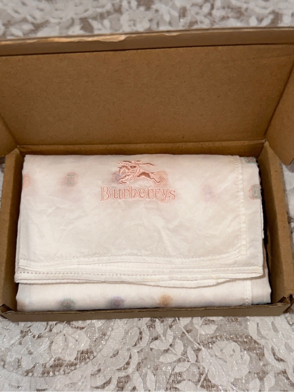 Burberrys White Cotton handkerchief with  embroidery Pastel Polka Dots.